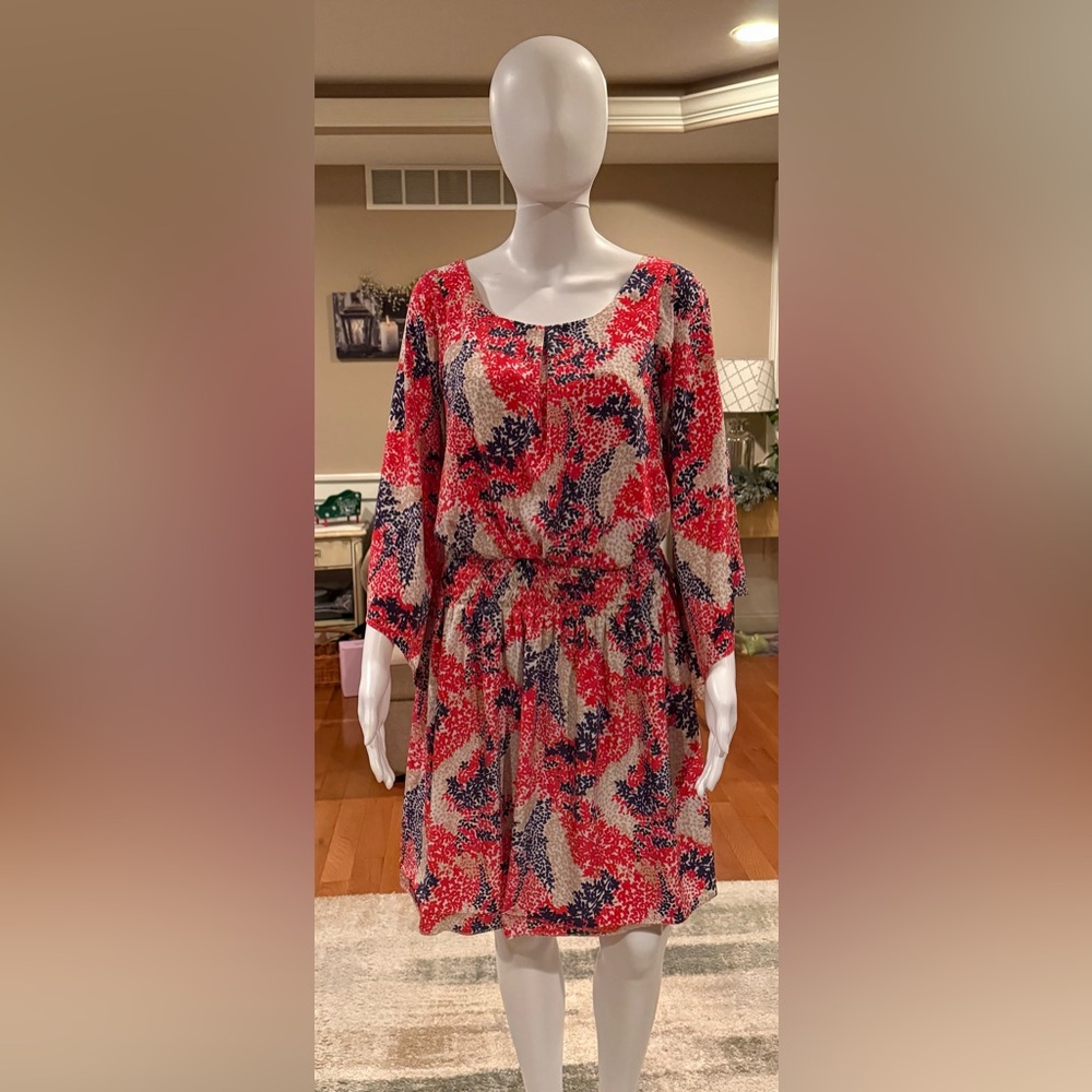 Jessica Simpson Red, Beige and Blue Three Quarter Length Sleeves Dress